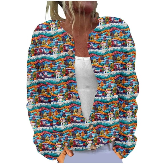 Penkiiy Christmas Sweaters for Women Ugly Funny Xmas Tree Print Button Up Cardigans Fall Winter Vintage Knitted Outerwear 3XL Multicolor