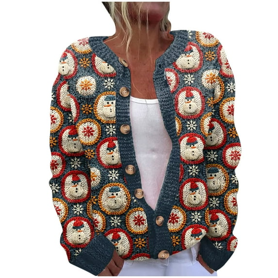 Penkiiy Christmas Sweaters for Women Ugly Funny Xmas Tree Print Button Up Cardigans Fall Winter Vintage Knitted Outerwear L Multicolor