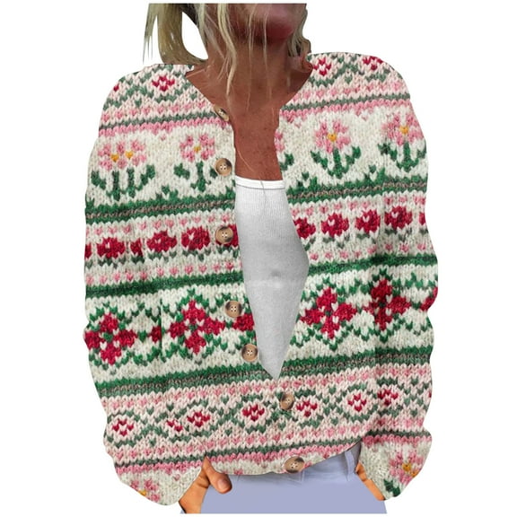 Penkiiy Christmas Sweaters for Women Ugly Funny Xmas Tree Print Button Up Cardigans Fall Winter Vintage Knitted Outerwear XL Multicolor
