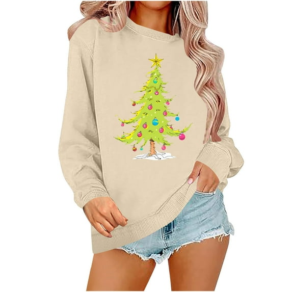 Penkiiy Christmas Sweatshirts for Women Embroidered Christmas Tree Shirt Xmas Tree Gift Casual Long Sleeve Pullover Tops S Khaki