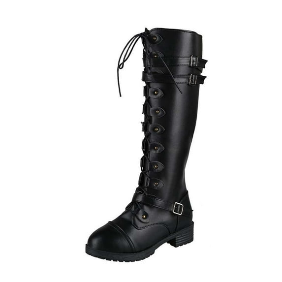 Penkiiy Chunky Heel Boots for Women Knee Boots Lace-up Gothic Vintage Punk Buckle Military Combat Boot Shoes Knee-High Boots 37 Black