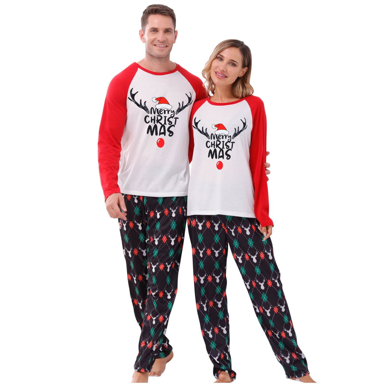 Penkiiy Couple Pajama Sets Christmas Printed Long Sleeve Top and