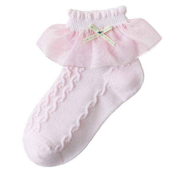 Penkiiy Cute Lace Trim White Ruffle Socks For Girls,Comfortable Frilly Socks for Big Girls, White Ankle Socks For Kids 1 -13 Years Pink