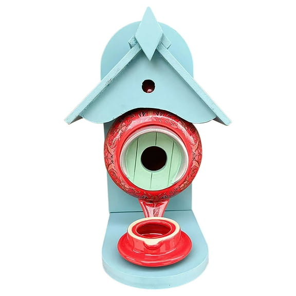 Penkiiy Decorative Hanging Birdhouse, Wooden Ceramic Teapot Decoration Bird House and Feeder Outside Teapot Birdhouse Feeder for Garden Yard