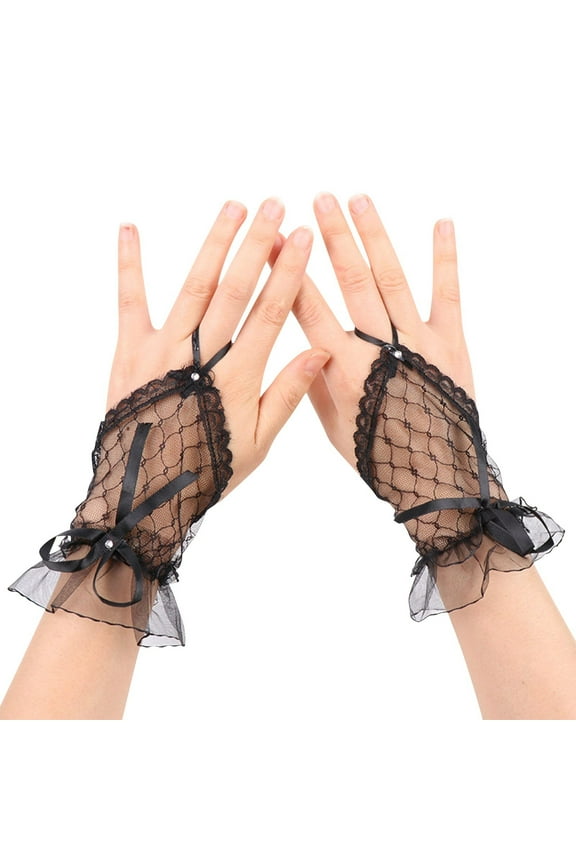 Elegant Gothic Lolita Gloves for Bride & Dance | Sheer Black Mesh Gloves with Bow | Vintage Wedding, Party Accessories