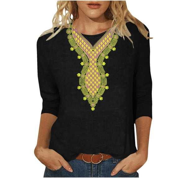 Penkiiy Embroidered Tops 3/4 Sleeve Women's Mexican Boho Peasant Casual Loose Tunics Fall Blouse Shirts for Women,Vintage Floral Tunic Shirts, Flowers Embroidery Blouses M Black