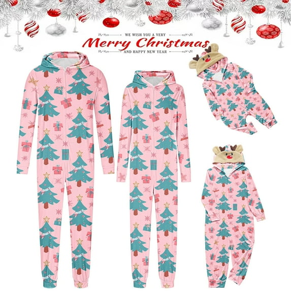 Penkiiy Family Christmas Onesies Matching Sets Pajamas Holiday Cute Print Pjs Hoodie Fleece Sleepwear for Couple and Kids 4 Years Pink