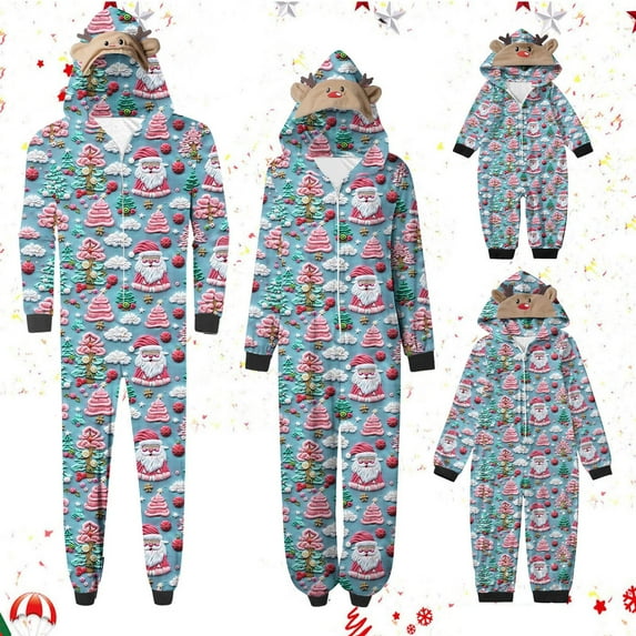 Penkiiy Family Christmas Onesies Matching Sets Pajamas Holiday Cute Print Pjs Hoodie Fleece Sleepwear for Couple and Kids 5 Years Multicolor