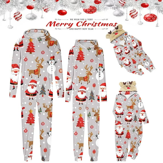 Penkiiy Family Christmas Onesies Matching Sets Pajamas Holiday Cute Print Pjs Hoodie Fleece Sleepwear for Couple and Kids 9 Months White