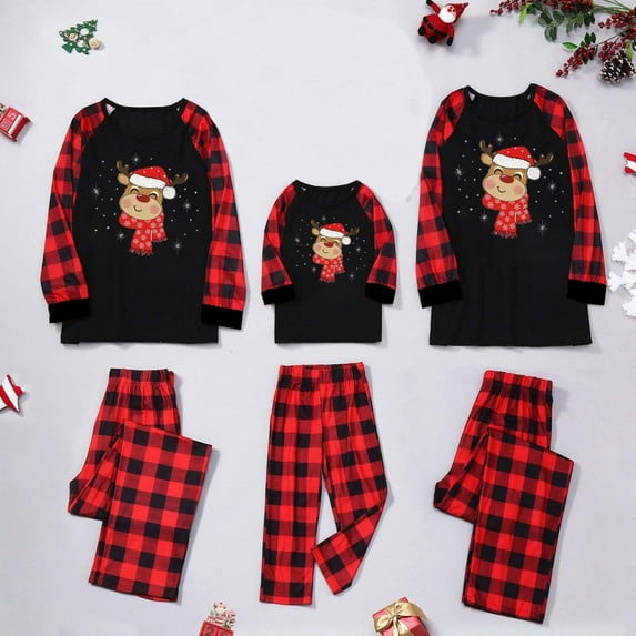 Penkiiy Family Christmas Pjs Matching Sets Christmas Men Printed Blouse Tops+Pants Family Matching Pajamas Set Black-B Christmas Pajamas