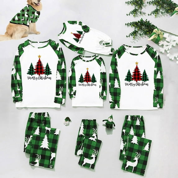 Penkiiy Family Christmas Pjs Matching Sets Parent-child Warm Christmas Set Printed Home Wear Pajamas Two-piece Set Green-B Christmas Pajamas
