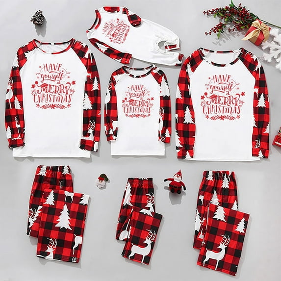 Penkiiy Family Christmas Pjs Matching Sets Parent-child Warm Christmas Set Printed Home Wear Pajamas Two-piece Kid Set Red Christmas Pajamas 6-7 Years
