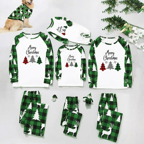 Penkiiy Family Christmas Pjs Matching Sets Pet Cute Warm Christmas Plaid Printed Pet Clothing Green-C Christmas Pajamas