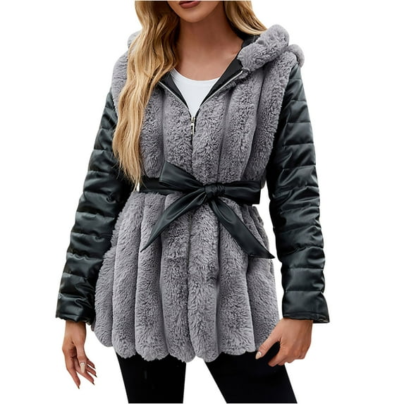 Penkiiy Faux Fur Coat for Women Fleece Open Front Cardigan Long Sleeve Outwear Puffer Jacket Womens with Hood Plus Size 4XL Gray