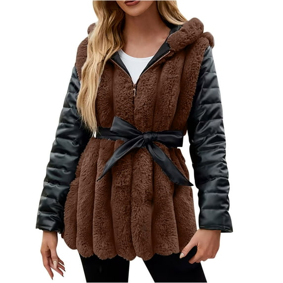 Penkiiy Faux Fur Coat for Women Fleece Open Front Cardigan Long Sleeve Outwear Puffer Jacket Womens with Hood Plus Size L Brown