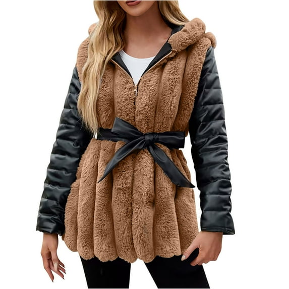 Penkiiy Faux Fur Coat for Women Fleece Open Front Cardigan Long Sleeve Outwear Puffer Jacket Womens with Hood Plus Size L Khaki