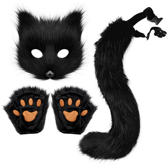 Penkiiy Faux Fur Fox Tail Cat Wolf Set Plush Fluffy Paw Gloves Christmas Party for Girls Women Black