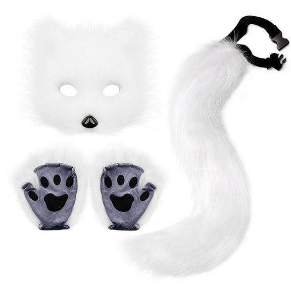 Penkiiy Faux Fur Fox Tail Cat Wolf Set Plush Fluffy Paw Gloves Christmas Party for Girls Women White