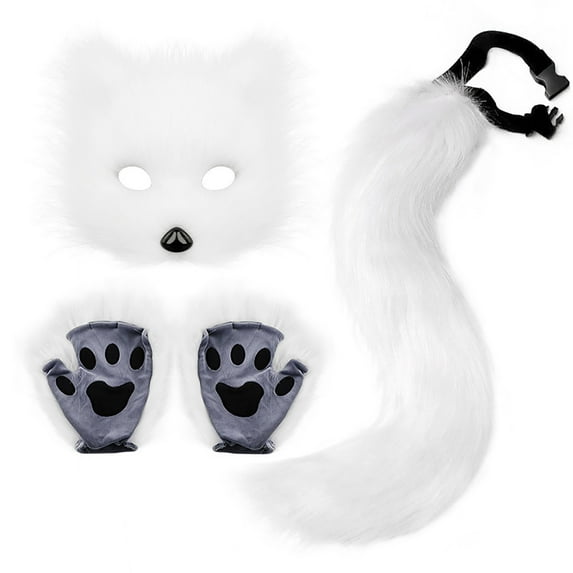 Penkiiy Faux Fur Fox Tail Cat Wolf Set Plush Fluffy Paw Gloves Christmas Party for Girls Women White