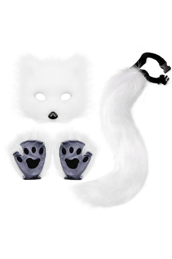 Faux Fur Fox Tail Cat Wolf Set Plush Fluffy Paw Gloves Christmas Party for Girls Women White