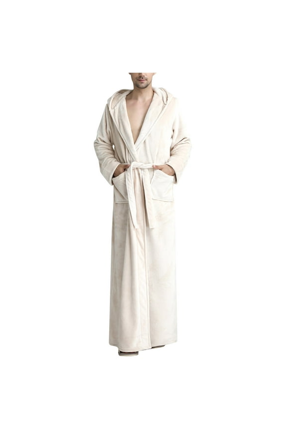 Fleece Hooded Robe Bathrobe Men Winter Warm Nightgown Couple Bathrobe Men And Women And Winter Nightgown Beige Nightgowns