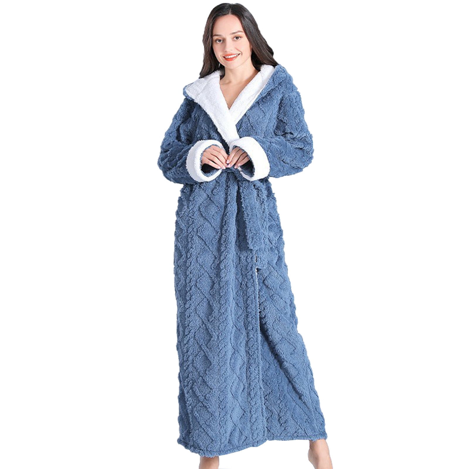 Penkiiy Fleece Hooded Robe Bathrobe Women's Winter Warm Nightgown