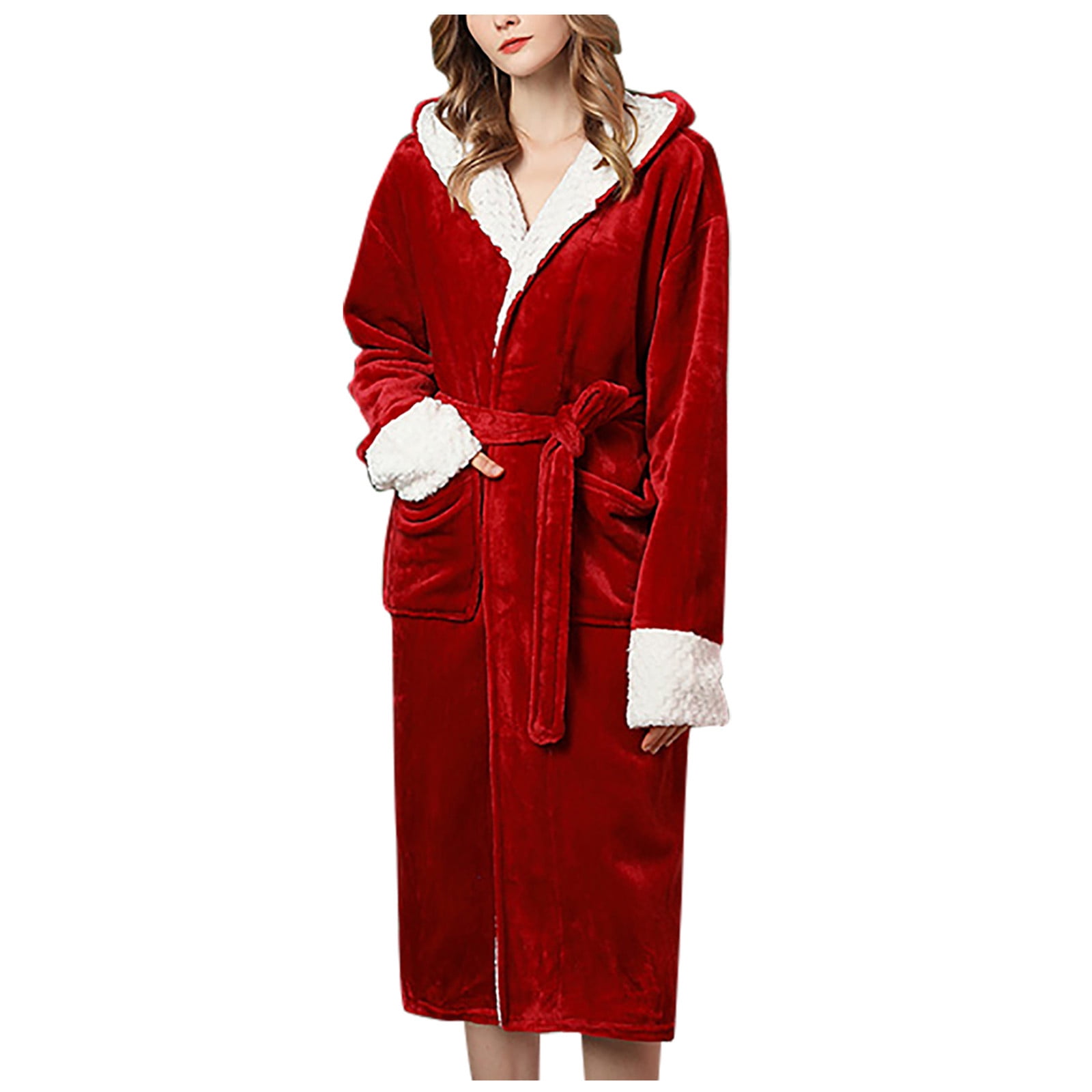 Penkiiy Fleece Hooded Robe Bathrobe Women's Winter Warm Nightgown ...