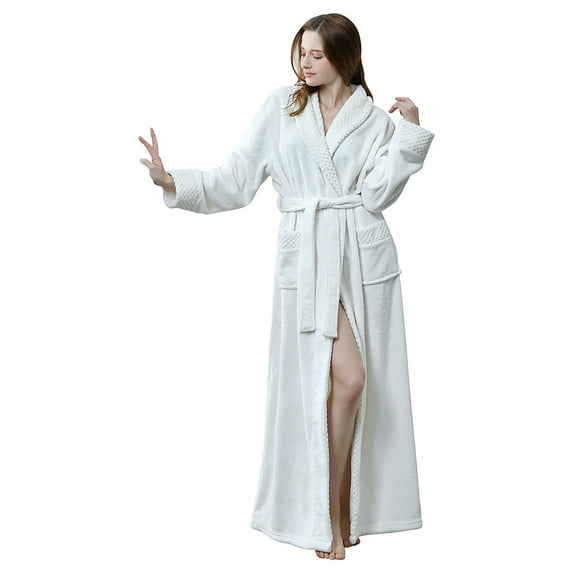 Penkiiy Fleece Robe Bathrobe Women Solid Thicken Velvet Robe Bathrobe Gown Pajamas Sleepwear Pocket Waistband White Nightgowns