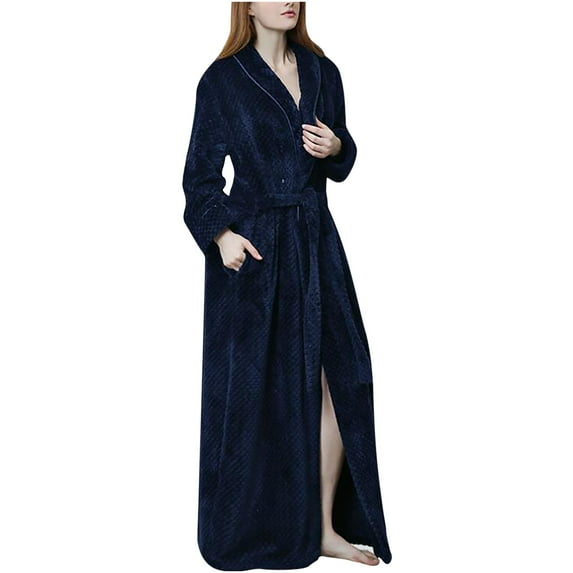 Penkiiy Fleece Robe Bathrobe Womens Solid Thicken Coral Fleece Robe Bathrobe Gown Pajamas Sleepwear Pocket+Belts Navy Nightgowns