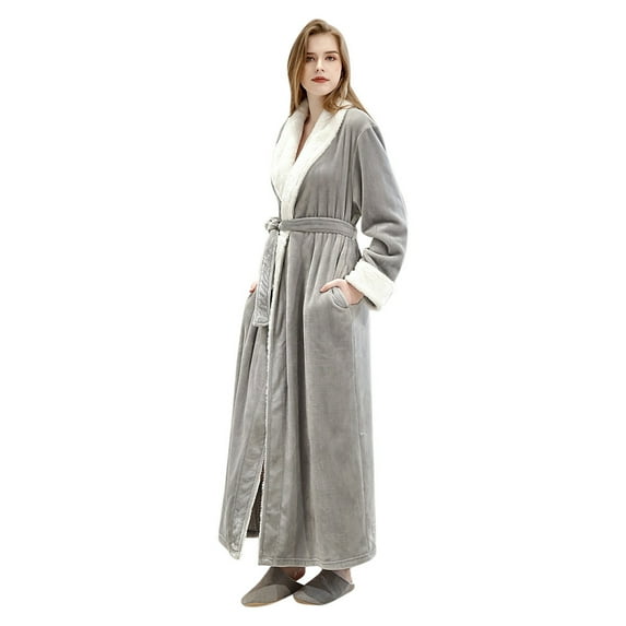 Penkiiy Fleece Robe Bathrobe Womens Splice Thicken Coral Fleece Robe Bathrobe Gown Pajamas Sleepwear Pocket Gray Nightgowns