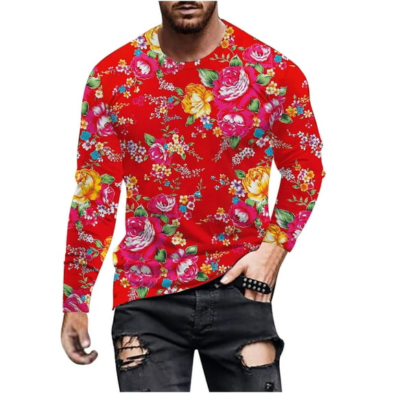 Penkiiy Floral Shirts for Men's Long Sleeves T-Shirts Chinese DongBei Style Flowers Graphic Tees Shirt Tops Sports Pullover