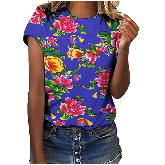 Penkiiy Floral Shirts for Women's T-Shirts Women's Tops Flower Printing Round Neck Short Sleeved T-shirt Tops