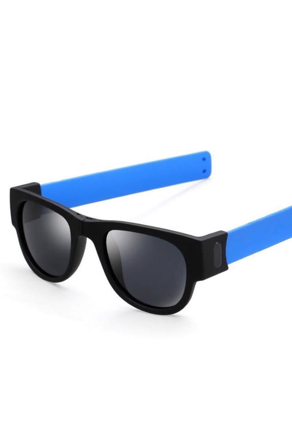 Folding Sunglasses with Slap Bracelet Arms - Blue Lenses - Folds in Half at The Bridge and Snaps to Your Wrist or Bag Blue