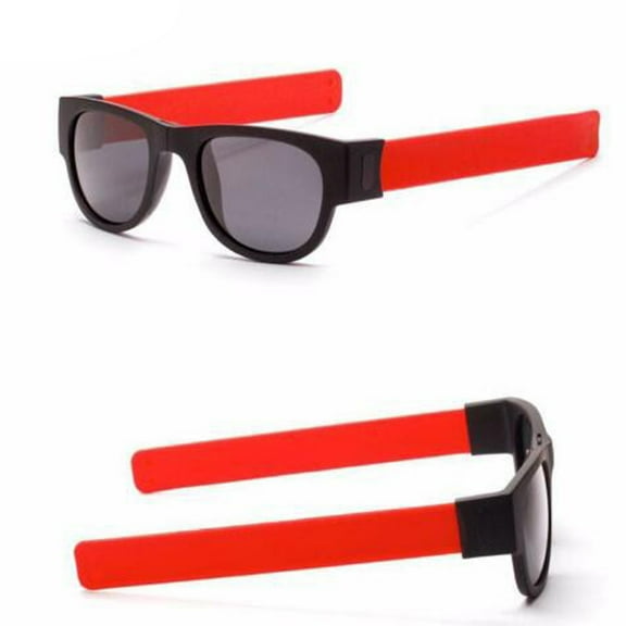 Penkiiy Folding Sunglasses with Slap Bracelet Arms - Blue Lenses - Folds in Half at The Bridge and Snaps to Your Wrist or Bag Red