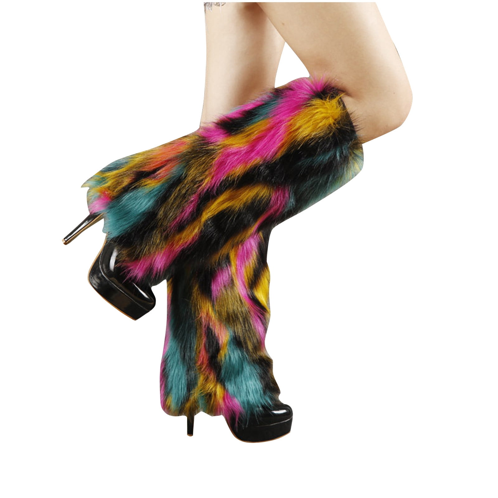 Penkiiy Fuzzy Faux Fur TieDyed Leg Warmers Fur Heels Long Boots Cuff Cover Has Elasticity One