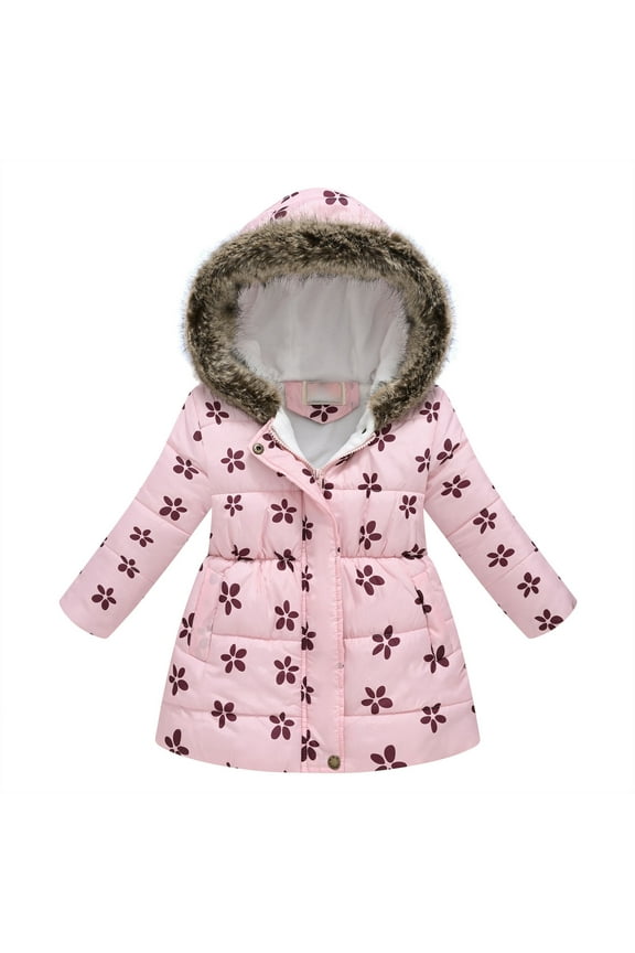 Girl's Winter Coat Jacket Hooded Kids Toddler Flower Print Parka Outwear Warm Cotton Puffer Hooded Jacket Pink Clearance for 4-5 Years