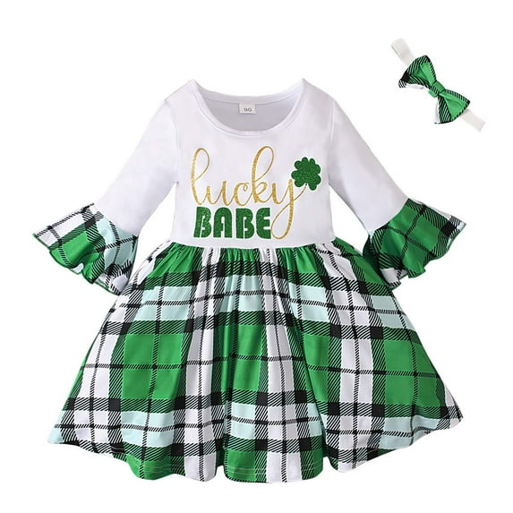 Penkiiy Girls Children's Spring Autumn St. Patrick's Day Flared Long Sleeve Plaid Dress + Hairband 2 Piece Set Toddler Girls Clothes 2-3 Years Green On Clearance