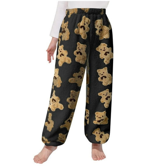Penkiiy Girls Cute Bear Plush Pajama Pants, Soft Fluffy Fleece Warm Pjs Bottoms Sleepwear Winter Comfy Fuzzy Lounge Pants Black