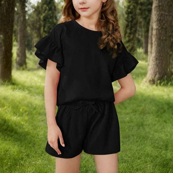 Penkiiy Girls Summer Outfit 2-Piece Set - Trendy Ruffled Tee & Comfy Shorts for Tweens | Lightweight Casual Athletic Wear
