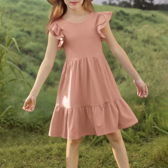 Penkiiy Girls' Summer Ruffle Sleeve Dress | Trendy Double-Layer Design | Gift-Ready