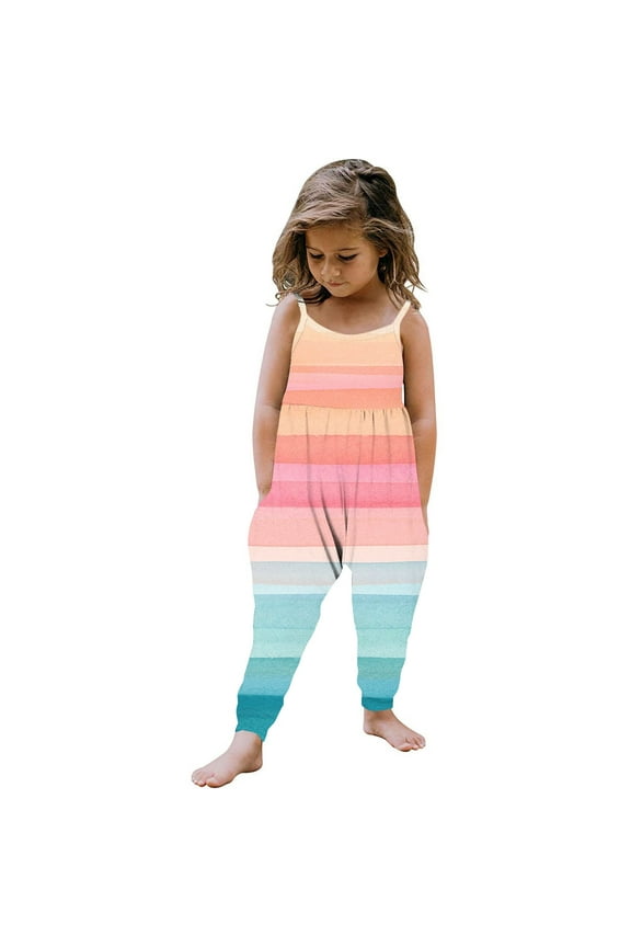 Girls Summer Sleeveless Casual Rainbow Romper Spaghetti Strap Shorts Jumpsuit with Pockets 4XL Pink