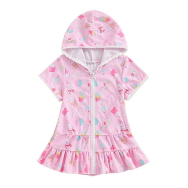 Penkiiy Girls Swim Cover Up Kids Swimsuit Coverup Terry Zip-Up Beach Bathing Suit Wraps Pink for 5-6 Years