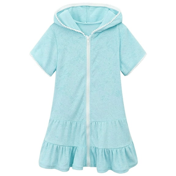 Penkiiy Girls Swim Cover Up Kids Swimsuit Coverup Zip-Up Beach Bathing Suit Robe Casual Dresses for Girls 3-4 Years Blue On Clearance
