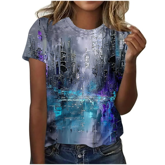 Penkiiy Graphic Shirts for Women Women's New Crew-neck Short-sleeved Print Casual Top XL Multicolor