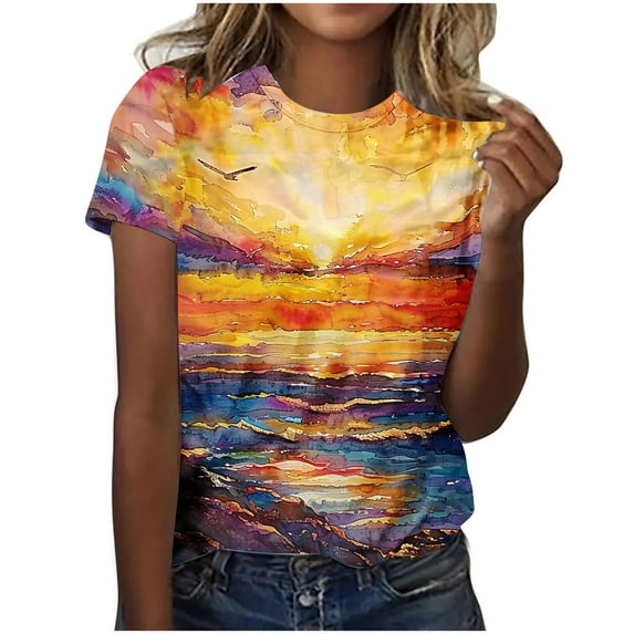 Penkiiy Graphic Shirts for Women Women's New Crew-neck Short-sleeved Print Casual Top XL Multicolor