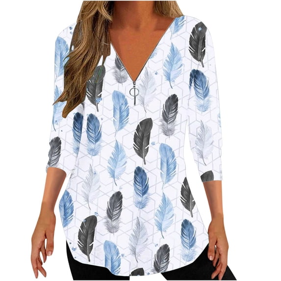 Penkiiy Half Zipper Shirts for Women Feather Printed V Neck Shirt Rollable 3/4 Sleeve Tunic Tops Casual Trendy M Light Blue