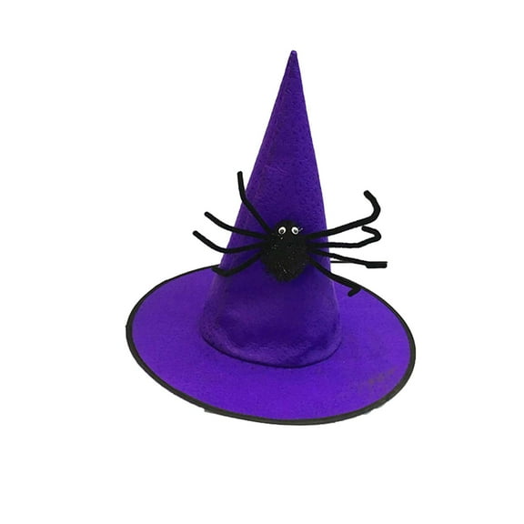 Penkiiy Halloween Purple Witch Hat with Black Fluffy Spider Halloween Witch Cap for Adults Halloween Accessory Purple