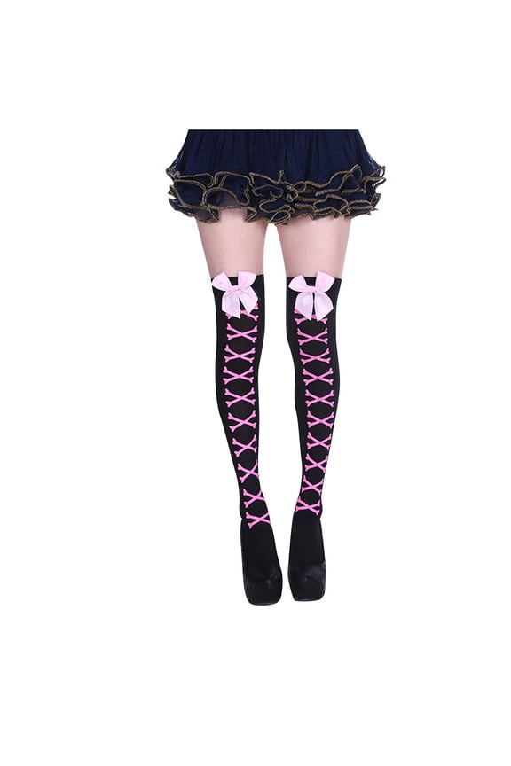Halloween Thigh High Long Socks Over Knee Stockings Skeleton Skull Bat Spiderweb Tights Festival Party Favors for Women Girls Pink