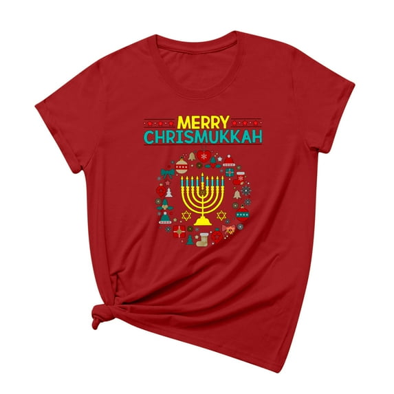 Penkiiy Happy Hanukkah Shirt Women Chrismukkah Shirt Cat Candle Shirt Love and Light T-Shirt Festival Short Sleeve Tops Red