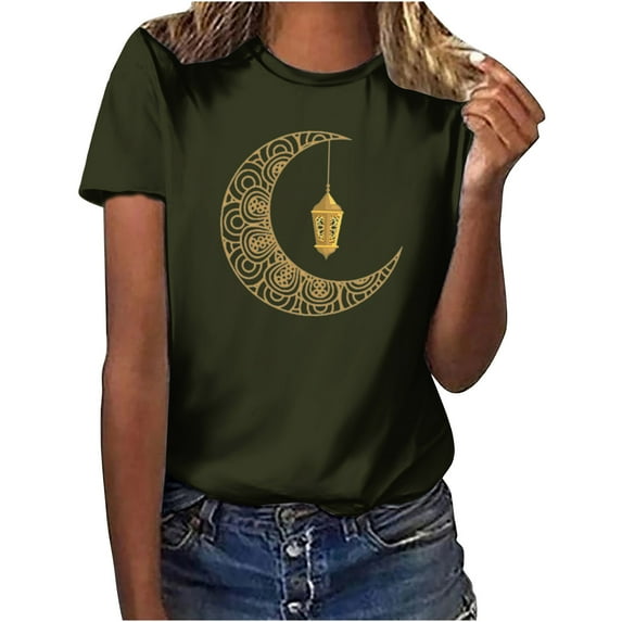 Penkiiy Happy Ramadan Tops Blouse for Women Women's Funny Printed Pattern Casual Fashion Soild Color Short Sleeve Tops Blouse L Army Green